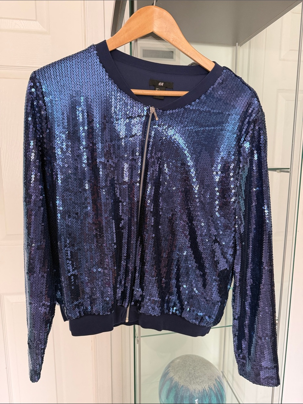 H&M Women's Dark Blue Sequin Bomber Jacket